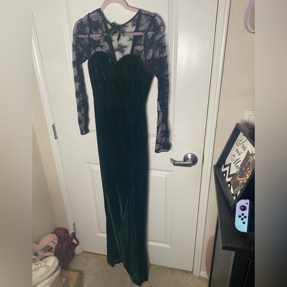 Unique Vintage Green Velvet and Black Lace Maxi Dress